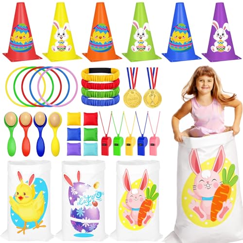 Cinrobiye 62 Pcs Easter Outdoor Games Set, Lawn Field Day Party Games with Potato Sack Race, Egg and Spoon, Three Legged Race, Ring Toss, Bean Bags for Easter Spring Carnival Yard Activities