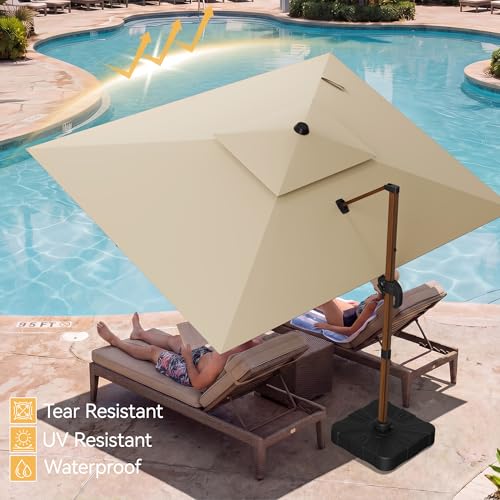 10x13 FT Wood Pattern Patio Umbrella, Large Deluxe Cantilever Rectangular Double Top Heavy Duty Offset Umbrellas with 360° Rotation, Outdoor shade for Garden Deck Pool Patio, Beige - color: Beige, size: 10x13 FT Wood
