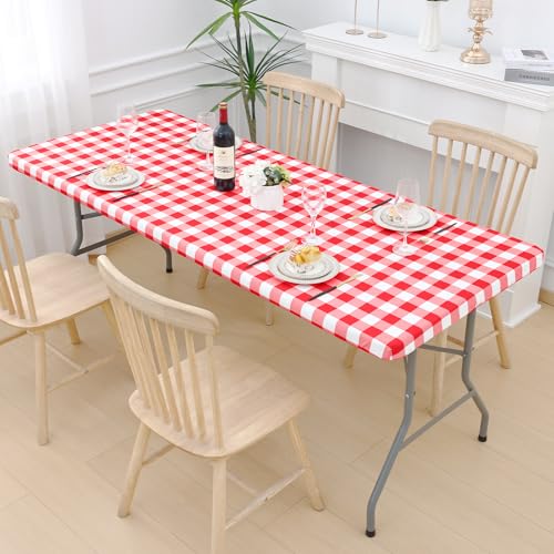 Smiry Picnic Table Cloth 2 Pack, Waterproof Elastic Fitted Tablecloths for 18x72 Rectangle Tables, Washable Polyester Buffalo Plaid Tablecloth for Camping, Dining & Outdoor (Red & White, 18" x 72") - color: Red and White, size: 18" x 72"