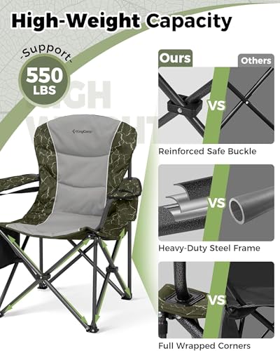 KingCamp Oversized Camping Chair with Adjustable Lumbar Support, 550lbs Heavy Duty Padded Folding Lawn Chair for Adults, Outdoor Armchair with Cooler Bag, Cup Holder & Side Pocket for Fishing, Travel - color: 1 Pack-green/Grey
