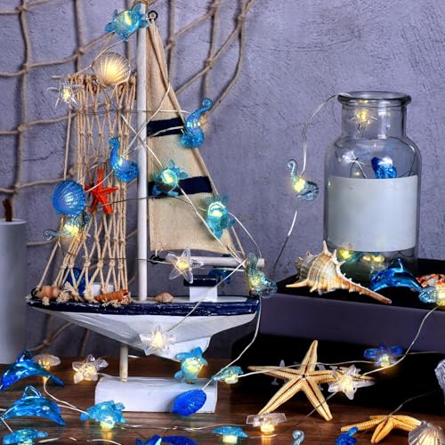 Zhanmai 2 Pcs Ocean Decor String Lights for Bedroom Nautical Theme Seashell Seahorse Conch 10ft 30 LED Battery Operated String Lights for Xmas Tree Ornaments Birthday Holiday Party Decor - style: Ocean Style