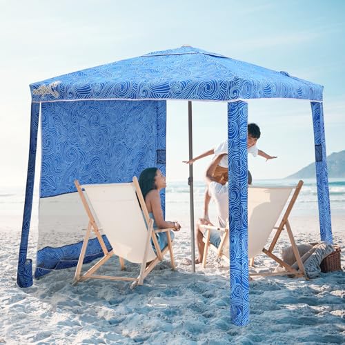 Jihfmo Beach Cabana, 6.2'×6.2' Beach Canopy with Side Wall, UPF 50+ UV Protection Easy Setup Tent Sun Shelter with Sand Pockets for Whole Family(Surging Waves) - color: Surging Waves