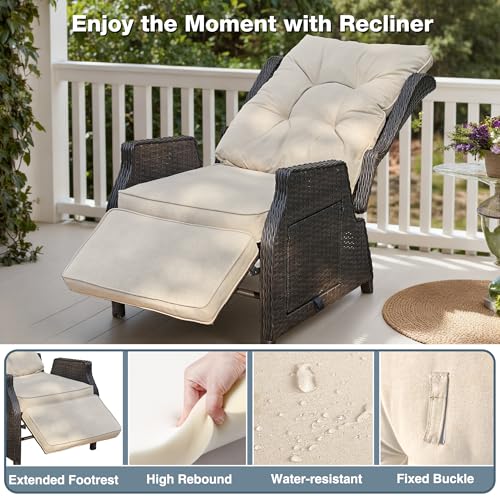 Outdoor Indoor Wicker Recliner with Adjustable Back and Footrest, Patio Reclining Chair with Flip-up Table, Outdoor Rattan Lounge Chair, Upgrade Beige - color: Upgrade Beige, size: 1PCS