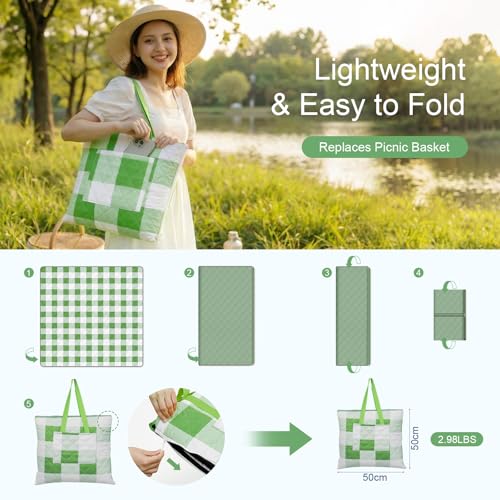 2 in 1 Tote Picnic Blanket Waterproof Outdoor Camping Mat,Large Capacity Beach Blanket 80''x80'' 7 Layers Easy to Foldable and Carry. - color: Greencheck