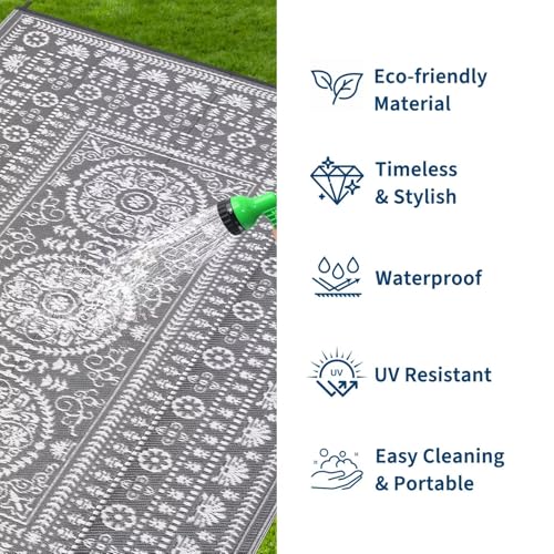 Garvee Reversible Outdoor Rug 6x9 for Patio, Waterproof Outdoor Area Rug, Modern Medallion Indoor Outdoor Rugs, Plastic Straw Rug for RV, Camping, Deck, Vintage Grey - color: Grey & White, size: 6' x 9' (Rectangular)