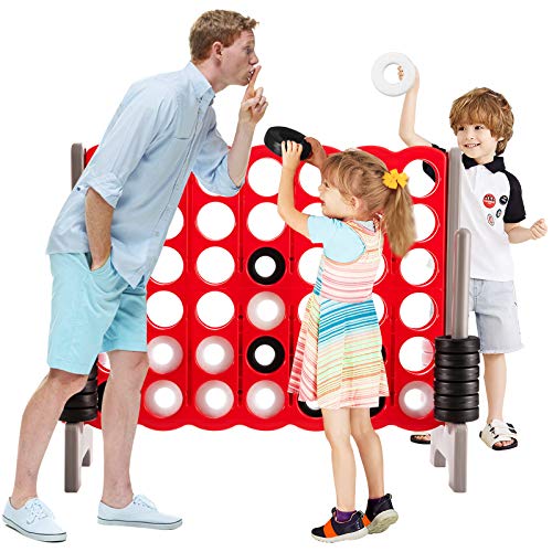 Costzon Giant 4-in-A-Row, Jumbo 4-to-Score Giant Game Set for Kids & Adults, Indoor Outdoor Yard Connect Game, 3.5FT Tall with 42 Jumbo Rings & Quick-Release Slider, Perfect for Family & Party Games - color: Red/Gray
