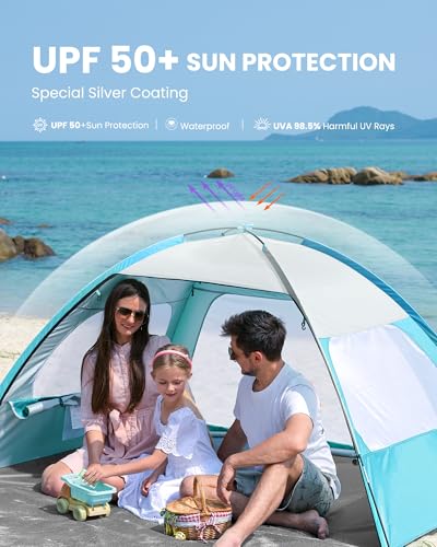 OutdoorMaster Beach Tent for 3/4/6/8 Person - Easy Setup Sun Shade Shelter, Portable Beach Shade Sun Canopy with UPF 50+ UV Protection, Removable Skylight Family Size - color: Olive Green, size: 3 Person