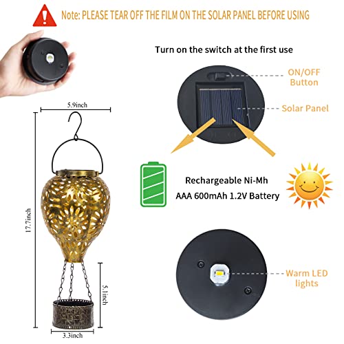 Hot Air Balloon Solar Lantern,Hanging Lantern Outdoor Waterproof Decorative Metal LED Solar Lights for Trees Patio Garden Yard Porch Decor, Gold - style: Gold
