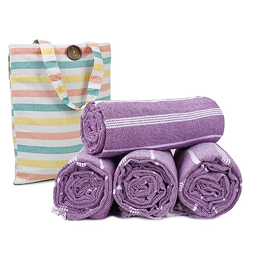 HILLFAIR Cotton Turkish Beach Towels, Quick Dry Lightweight Sand Free Peshtemal Towel for Bath Swim Yoga Spa Travel, Beach Accessories, Oversized Cotton Turkish Towels (39 x 72 inch- 4 Pack Purple) - color: Purple, size: 39 x 72 inch ( Beach towel - 4 PAC