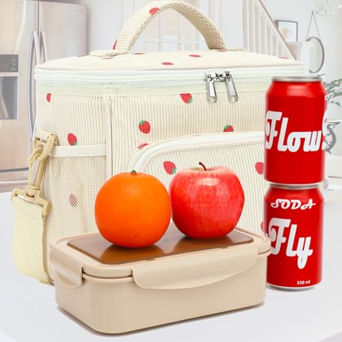FlowFly Insulated Reusable Lunch Bag Adult Large Lunch Box for Women and Men with Adjustable Shoulder Strap,Front Zipper Pocket and Dual Large Mesh Side Pockets, Corduroy Strawberries Beige - color: Corduroy Strawberries Beige
