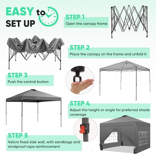 GDY 10x10 Pop Up Canopy Tent with 4 Sidewalls, Easy Set up with One Push Lift Outdoor Silver Coated Beach Gazebos, Carpas with 4 Sandbags, for Events, Parties,Camping, Gray. - color: Gray, size: 10x10 with 4 Sidewall