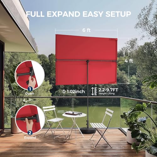 HOMSHADE 6x4ft Outdoor Balcony Umbrella - Flat Porch Pool Patio Umbrella Rectangular Canopy Shade UPF50+ UV Protection 360° Rotating & Tilting All Angles Applicable (Red, No Base) - color: Red