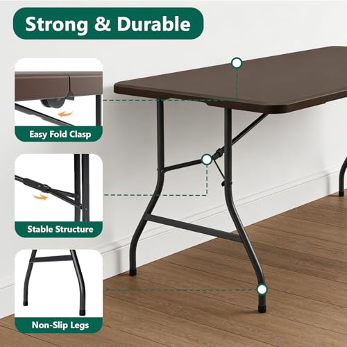 2 Pack Folding Table 5ft - Heavy Duty Plastic Table with Handle, Foldable & Portable, Fold-in-Half Utility Tables for Outdoor, Dining, Wedding, Events, Indoor, Picnic, Camping, Party (Brown) - color: Brown, size: 5ft-2pack