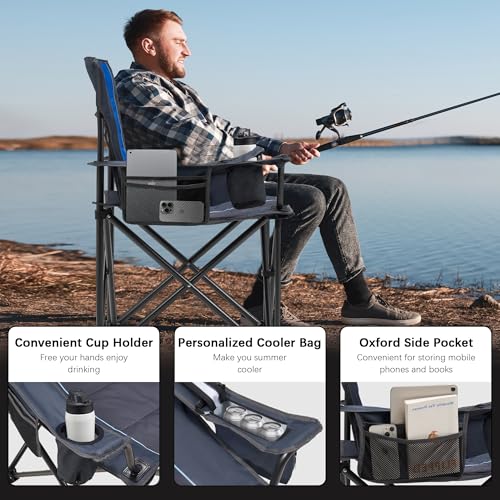 Unisakey Oversized Folding Camping Chair for Adults - 450lbs Support - Heavy Duty Portable Lawn Chairs with Side Pocket Cup Holder Cooler Bag for Sports Garden Beach Fishing, Blue - color: Blue