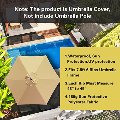 Sunnyglade 7.5ft Patio Umbrella Replacement Canopy Market Umbrella Top Outdoor Umbrella Canopy with 6 Ribs - color: Tan