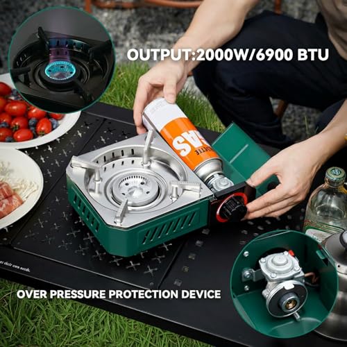 Modern Camping Stove with Carrying Case, 10"x7.5" Mini Portable Butane Gas Stove 6900BTU for Patio Cooking Hotpot Camp Hiking RV Trip Tailgating Emergency Use, Green GS348 - size: 10"