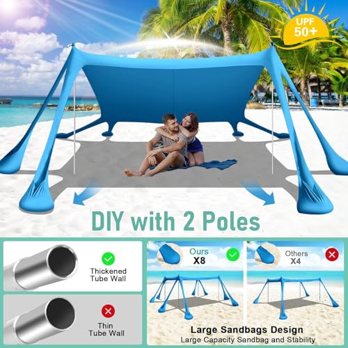 Beach Tent Sun Shelter Beach Canopy Tent Sun Shade Pop Up 10x10 UPF50+ with 8 Sandbags-2 Sand Shovel-Portable 4 Aluminum Poles-Ground Pegs-Easy Setup for Outdoor Family Camping Fishing Picnic - color: Royal Blue