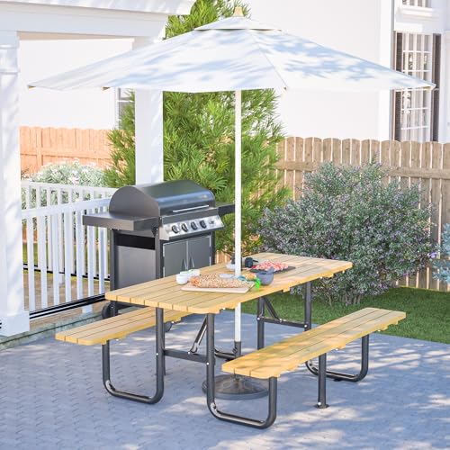 Outdoor Wooden Picnic Table Heavy Duty Picnic Tables Benches Set with Umbrella Hole , 72” Dining Table Set for 6 Person Metal Frame & Solid Wood Waterproof Tabletop for Backyard, Porch, Patio(Natural - size: Heavy Duty-yellow