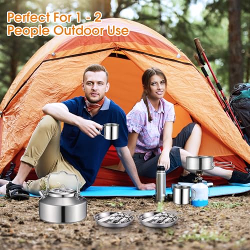 Funnymoom 15 Pcs Camping Cookware Mess Kit Outdoor Cooking Set Stainless Steel with Pot and Pan Kit 2 Set Stainless Steel Cups Plates Forks Knives Spoons for Camping Backpacking Cooking Picnic