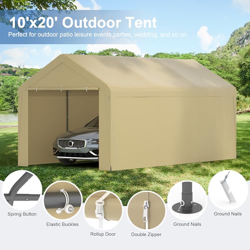 Carport, 10‘ x 20’ Heavy Duty Portable Garage All-Season Car Canopy w/Removable Sidewall & Doors, Carport Canopy Party Tent w/Water-Resistant Tarp for Backyard (Yellow, 10‘ x 20’) - color: Yellow, size: 10' x 20' /with side