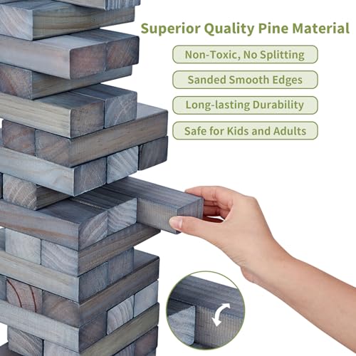 ApudArmis 54 PCS Tumble Timber Set Up to 3.2FT, Pine Wooden Tumble Tower Game with Dice and Scoreboard Set - Classic Block Stacking Board Game for Adults Teenagers (Gray) - color: Gray, size: M-Stack to 3.2 FT