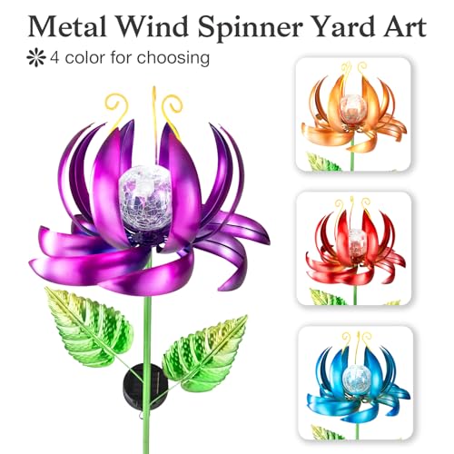 Solar Yard Lights Wind Spinners- Metal Lotus Flower Garden Decor LED Crackle Glass Globe Yard Art Sculpture Solar Stake Lights for Patio Pathway Lawn Walkway (Purple-Large) - color: Purple-large