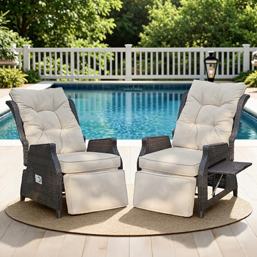 Outdoor Indoor Wicker Recliner with Adjustable Back and Footrest, Patio Reclining Chair with Flip-up Table, Outdoor Rattan Lounge Chair, Beige 2PCS - color: Upgrade Beige, size: 2PCS