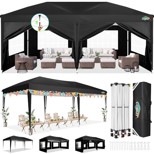 COBIZI 10x20 Canopy Tents for Parties 10x20ft Easy Setup Pop up Tents with Sidewalls & One Push Lock Waterproof Outdoor Large Shelter Party Tent for Wedding Car Port Events Patio Gazebo(Black) - color: BLACK, size: 10x20ft With 6 Sidewalls