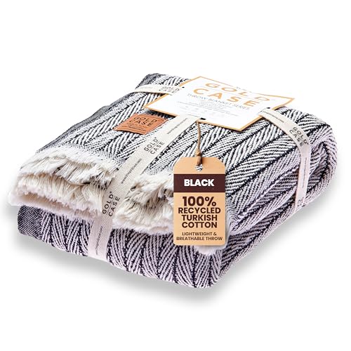 GOLD CASE Throw Blanket for Couch - 100% Recycled Turkish Cotton Blankets & Throws - Vintage Soft Throw Blankets for Living Room - Boho Decorative Woven Couch Blanket - 60x80 - Black - color: Vintage Black, size: 60x80"