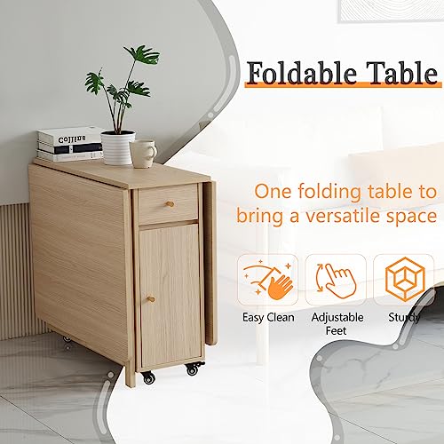 COMUHOME Extendable Drop Leaf Folding Dining Table with 2 Drawers and 4 Wheels for Living Room Kitchen Farmhouse Space Saving Table in Wood Color - color: Wood