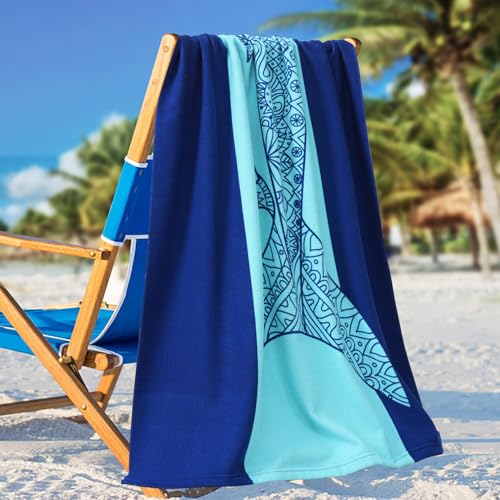 Genovega Oversized Terry Beach Towel 36 x 72 in Soft Extra Large Big Pool Swim Towels for Adult XL Clearance Big Travel Blanket Cruise Vacation Accessories Essentials Lounge Chair Cover Shark - color: Small Shark Blue