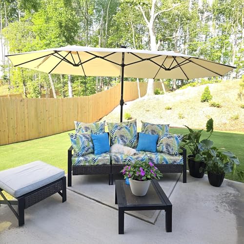 PURPLE LEAF 14ft Patio Market Umbrella with Base Double-Sided Rectangle Outdoor Table Sun Umbrellas with Crank 12 Heavy Duty Sturdy Ribs for Pool Beach Deck Backyard Khaki - color: Beige, size: 14' X 8'