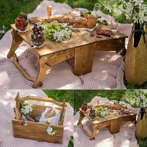 Wooden Folding Picnic Table with Storage Basket - 2-in-1 Portable Outdoor Table with Wine Glass Holder, Ideal for Champagne, Snacks and Beach or Park Picnics (Vintage)