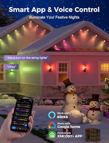 XMCOSY+ 48FT Smart Outdoor String Lights - RGBCWIC Dimmable Acrylic Bulbs, Color Changing LED Patio Lights APP WiFi Control, Compatible with Alexa, IP65 Waterproof Outside Lights for Yard Porch - size: 48Ft-Acrylic Bulb
