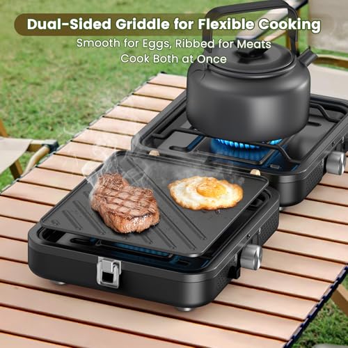 OGERY 2-Burner Foldable Camping Stove with Griddle (Textured & Smooth) and Carrying Bag, Portable Propane Camp Stove with 2 Adjustable Burners & Piezo Ignition, for Camping Tailgating Essentials Gear - color: Black