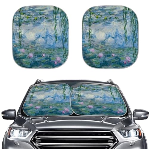 Monet's Water Lilies Sunshade for Car Windshield 2 Piece Foldable Car Front Window Sun Visor Blocks 99% UV Rays and Keeps Your Vehicle Cool Make Your Trip More Comfort - color: Monet's Water Lilies
