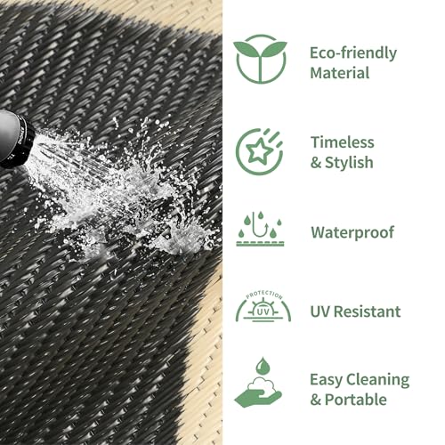 GENIMO Outdoor Rug for Patio Clearance, 6'x9' Reversible Geometric Plastic Straw Rugs, Lightweight Waterproof RV Camping Mat for Camper, Balcony, Deck, Backyard, Picnic, Black Beige - color: Black&beige-z, size: 6' x 9' (Rectangular)