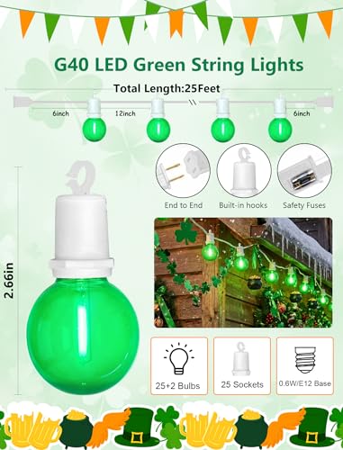 G40 LED St. Patrick's Day String Lights Outdoor, 25Ft St Patricks Decorations Lights Outdoor with Clear Green Round Bulbs, Hanging Patio Lights Shatterproof for Indoor Home Decor Party, White Wire - color: Clear Green, size: 25Ft