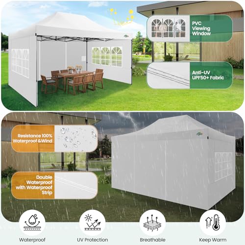 COBIZI 10x15 Pop up Canopy Gazebo 3.0, Easy up Heavy Duty Canopy with 4 Removable Sidewalls, High Stability, All Weather Sunshade 100% Waterproof Outdoor Canopy Tents, White - color: White, size: 10x15 with 4 sidewalls