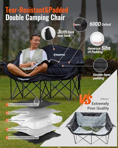 KingCamp Double Camping Chair, Oversized 880lbs Heavy Duty Loveseat for Adults Portable Folding XL 2 Person Couch Padded Comfortable Two Seat with Cup Holder for Outdoor Lawn Backyard, Black - color: XL 2 Person Black, size: Loveseat XL