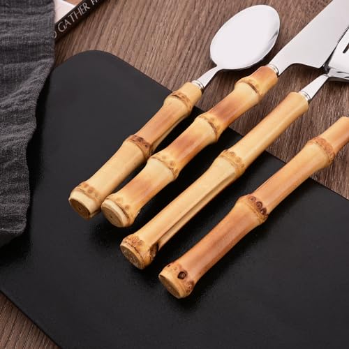8-Piece Bamboo Handle Dinner Spoon Set, Stainless Steel Spoons for Kitchen Home and Restaurant, Mirror Polished, 8.03 inch - color: 8-Piece Dinner Spoon