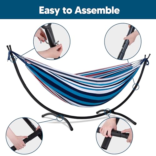 SUNCREAT Hammocks for Outside with Stand, Porch Hammock and Stand, 475 lbs Capacity, Blue & Red Stripes - color: Blue Red