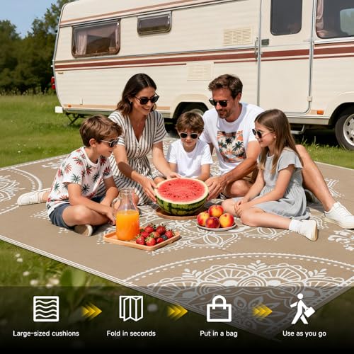Pauwer Waterproof Outdoor Rug 8x10, Reversible Plastic Straw Patio Camping Rug, Indoor Outdoor RV Mat Carpet for Deck, Camper, Porch, Balcony, Backyard, Picnic, Floral Brown - color: Floral Brown, size: 8' x 10' (Rectangular)