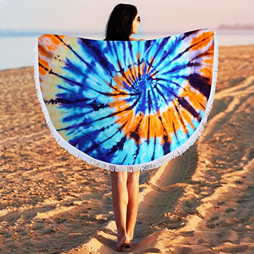 Benefeet Sox Beach Towel Large Round Mandala Pool Towels Tassels Microfiber Quick Dry Beach Blanket Throw Bohemian Roundie Swim Pool Circle Towel, 59 Inches - color: Tie Dye, Blue Orange