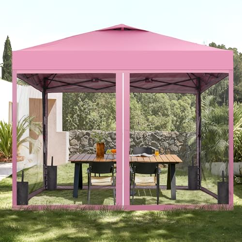 GDY 10x10 Pop up Canopy Tent with Mosquito Netting, Easy up Gazebo for Patio, Camping and Garden, Includes 4 Sandbags, Pink - color: Pink, size: 10x10 with Mosquito Netting