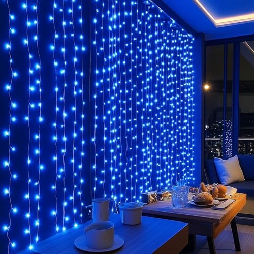 Dazzle Bright 300 LED Curtain String Lights, Christmas Fairy Lights for Bedroom with 8 Lighting Modes, Connectable Waterproof Window Lights Party Wedding Garden Wall Decor, Blue - color: Blue