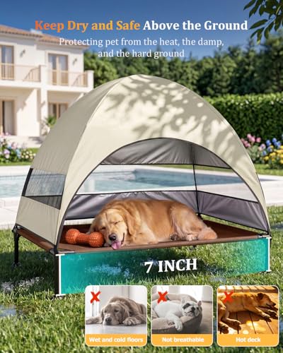 Elevated Outdoor Dog Bed with Canopy, Raised Dog Cot with Stable Adjustable Feet, Dog Camping Bed with Larger Shade, Lifted Dog Tent Bed with Canopy for Outside (Beige, Large) - color: Beige, size: Large