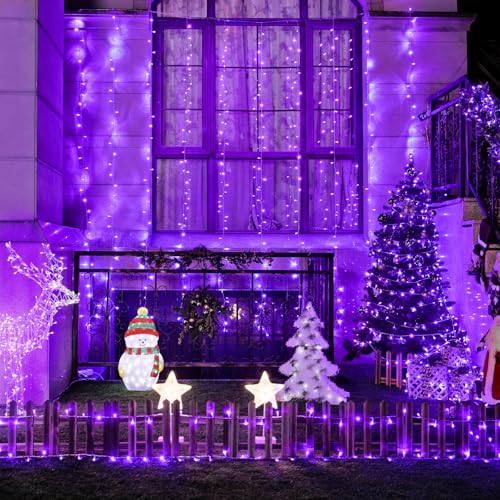 JMEXSUSS 300LED Purple Christmas Lights with Remote, Curtain Hanging Light Plug in, 8 Modes Purple String Lights for Bedroom Window Wall Party Backdrop Halloween Christmas Carnival Decorations - color: Purple, size: 300 LED