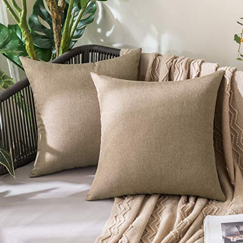 MIULEE Pack of 2 Decorative Outdoor Solid Waterproof Throw Pillow Covers Faux Linen Garden Farmhouse Cushion Cases for Patio Tent Balcony Couch Sofa 16x16 Inch Khaki - color: Khaki, size: 16" x 16" (Pack of 2)