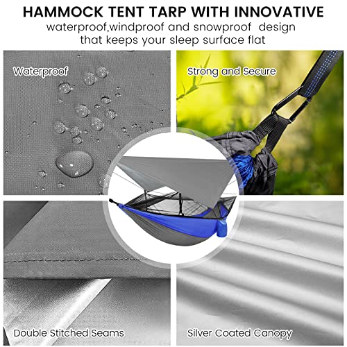 Camping Hammock with Mosquito Net & Rain Fly Tent Tarp & Tree Straps Portable Strong Nylon Hammock Parachute Tent w/Storage Bag for Camping Hiking Backyard Outdoor Backpacking Travel - color: Blue